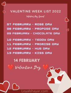 valentine week list 2022 February Days